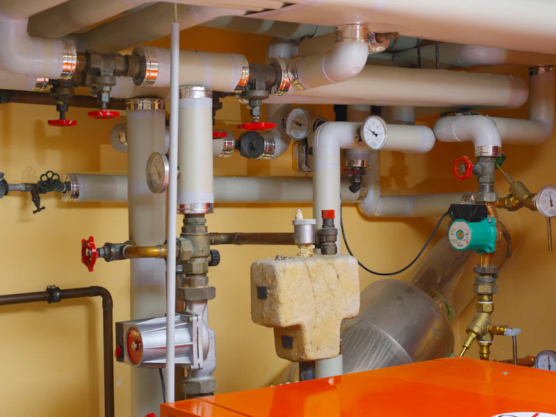Sala de calderas con tuberías de un sistema de gas
